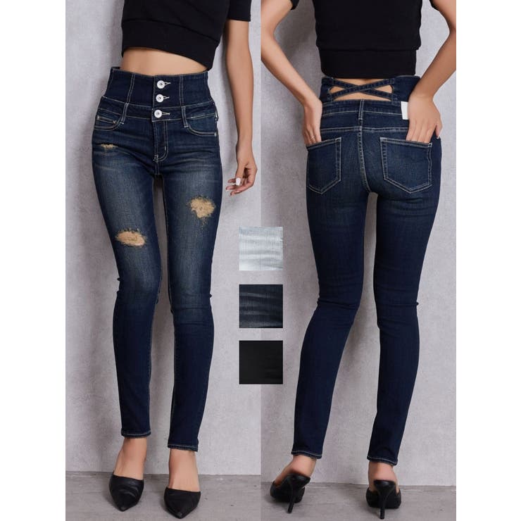 ハイウエストバッククロスダメージスキニーデニムパンツ[品番