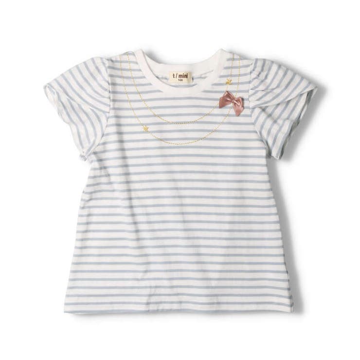 ネックレス風刺繍リボン付きボーダー半袖Tシャツ 80cm～130cm K42802