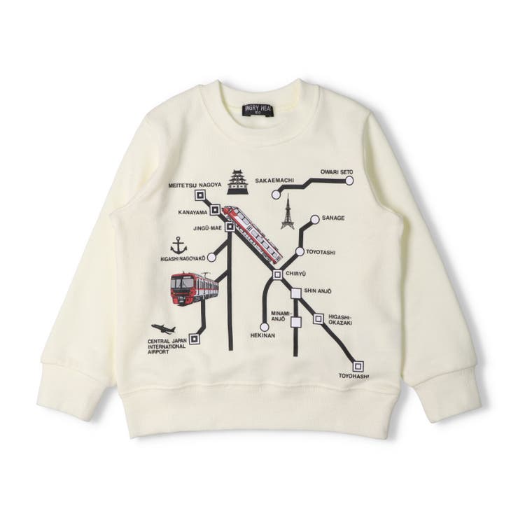オフホワイト | 名鉄電車路線図プリント裏毛トレーナー | こどもの森e-shop