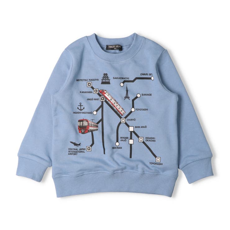 ライトブルー | 名鉄電車路線図プリント裏毛トレーナー | こどもの森e-shop