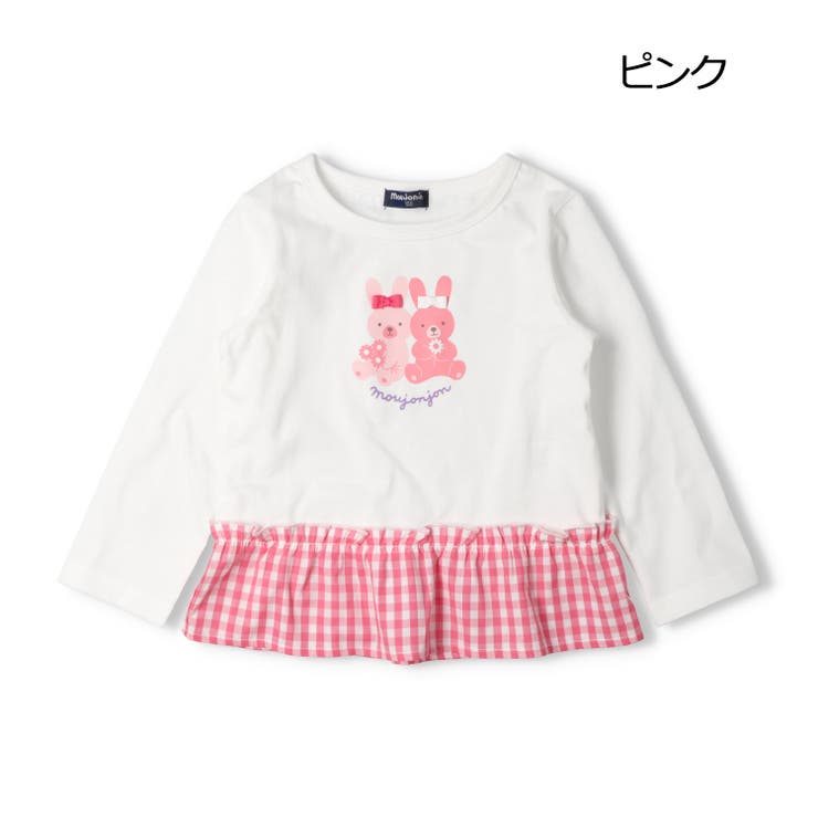 ピンク | うさぎ・ネコプリント裾チェック長袖Tシャツ | こどもの森e-shop