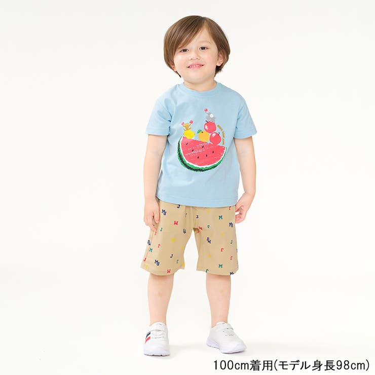 【子供服】moujonjon(ムージョンジョン)ロゴ総柄ストレッチダンプ5分丈ハーフパンツ90cm～140cmM33111