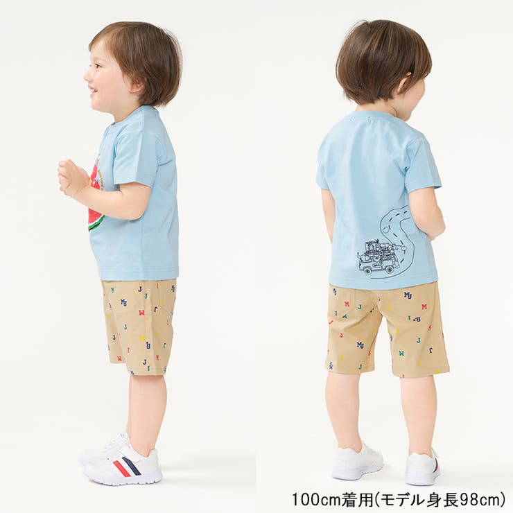 【子供服】moujonjon(ムージョンジョン)ロゴ総柄ストレッチダンプ5分丈ハーフパンツ90cm～140cmM33111