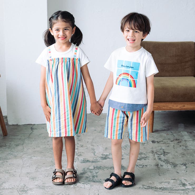 子供服moujonjon(ムージョンジョン)レインボーサッカーストライプ柄ハーフパンツ90cm～140cmM3510
