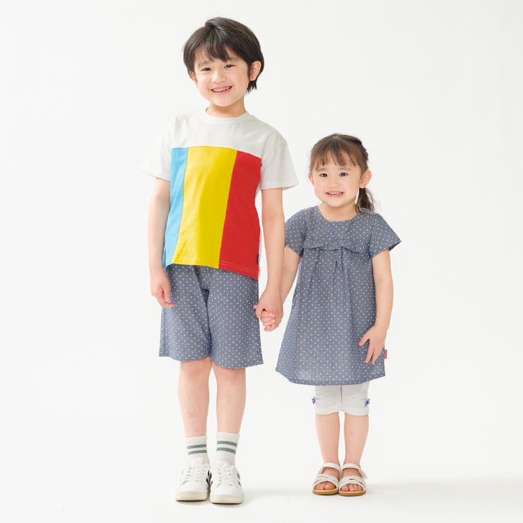 子供服moujonjon(ムージョンジョン)水玉柄ダンガリー５分丈ハーフパンツ90cm～140cmM3510