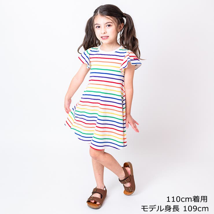 【子供服】moujonjon(ムージョンジョン)カラフルボーダー半袖ワンピース80cm～140cmM42308