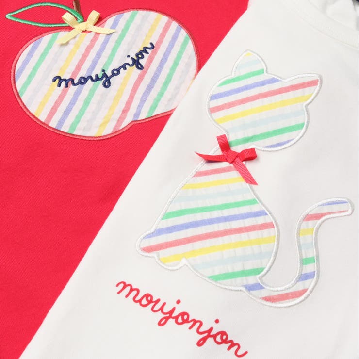 子供服moujonjon(ムージョンジョン)ねこ・りんごアップリケ半袖Ｔシャツ80cm～130cmM4487