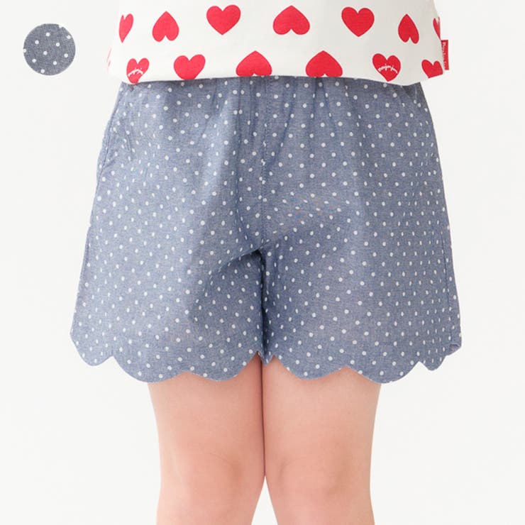 子供服 moujonjon ドット柄ダンガリー裾スカラップショートパンツ | こどもの森e-shop | 詳細画像1 