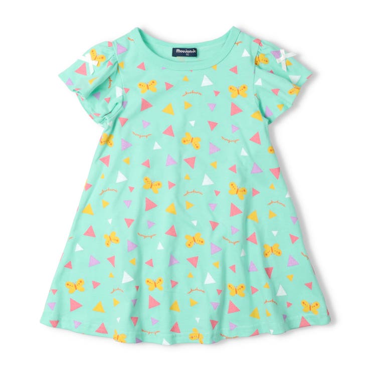 エメラルドグリーン | ちょうちょ総柄肩リボンワンピース | こどもの森e-shop