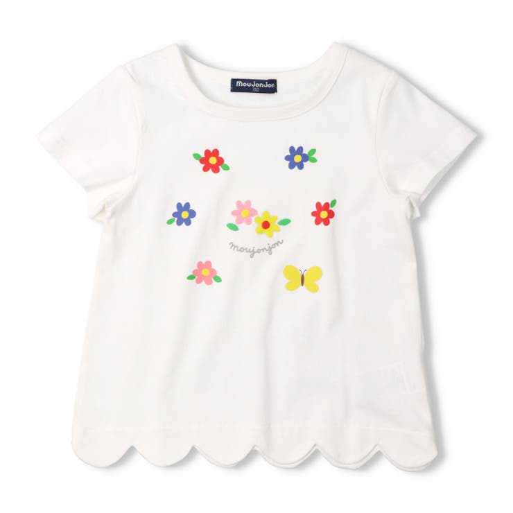 ホワイト | お花プリント刺繍裾スカラップＴシャツ | こどもの森e-shop
