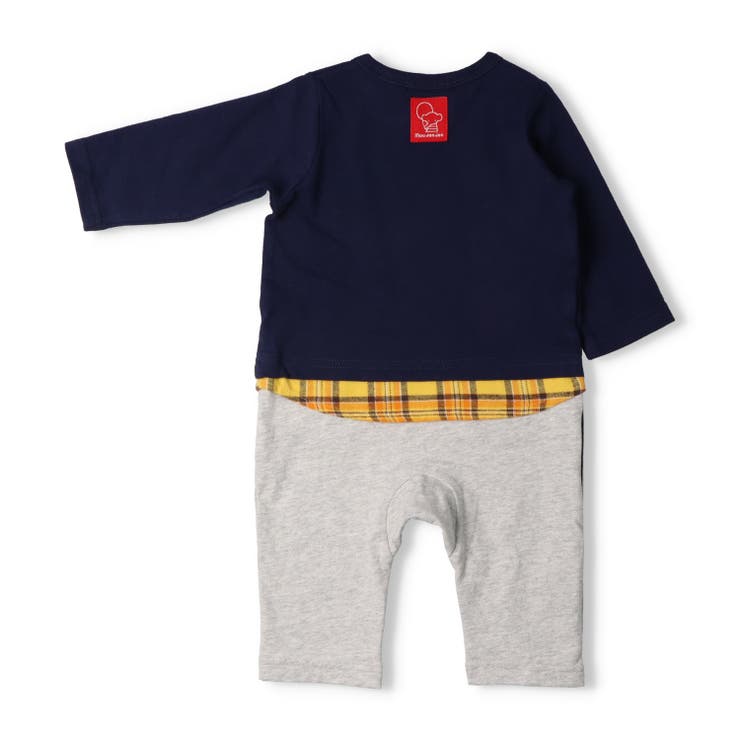 子供服moujonjon(ムージョンジョン)車プリントチェック切替長袖ロンパース・Tオール70cm，80cmM5470