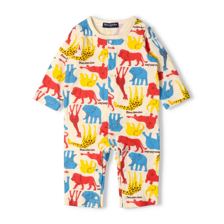 オフホワイト | 動物・車総柄接結長袖ロンパース | こどもの森e-shop