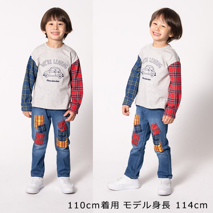 子供服moujonjon(ムージョンジョン)袖チェック切替車刺繍長袖Ｔシャツ80cm～140cmM5480