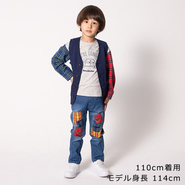 子供服moujonjon(ムージョンジョン)袖チェック切替車刺繍長袖Ｔシャツ80cm～140cmM5480