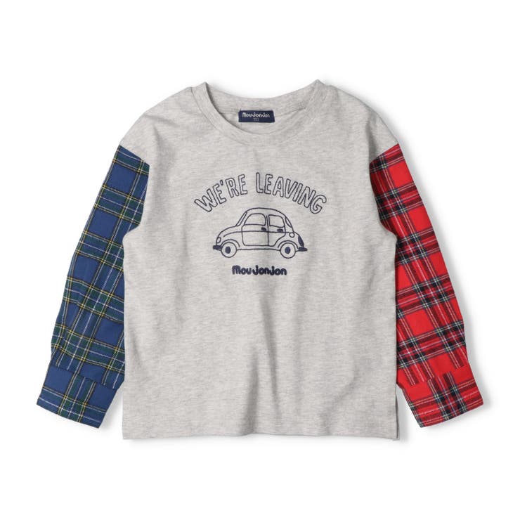 子供服moujonjon(ムージョンジョン)袖チェック切替車刺繍長袖Ｔシャツ80cm～140cmM5480