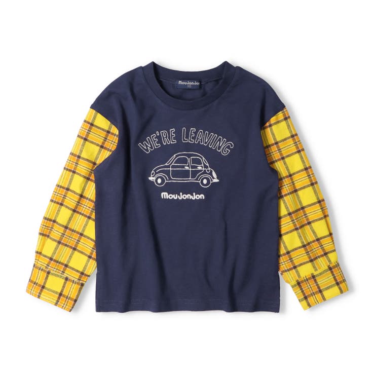 子供服moujonjon(ムージョンジョン)袖チェック切替車刺繍長袖Ｔシャツ80cm～140cmM5480