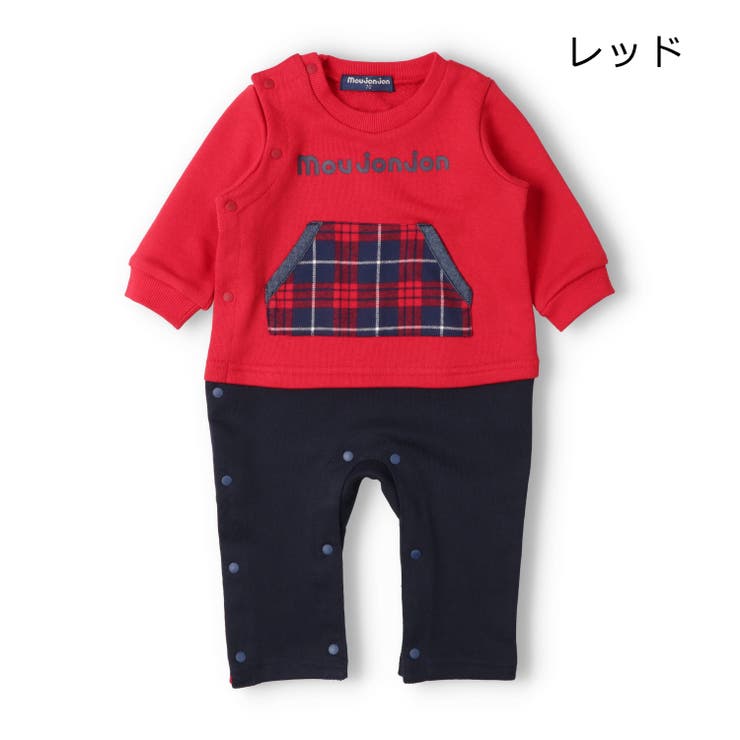 レッド | チェック柄ポケット裏毛ロンパース | こどもの森e-shop