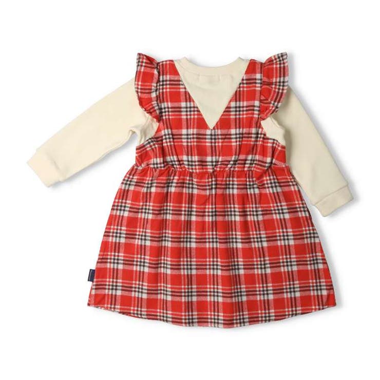 【子供服】moujonjon(ムージョンジョン)チェック切替レイヤード風ワンピース80cm～140cmM62308