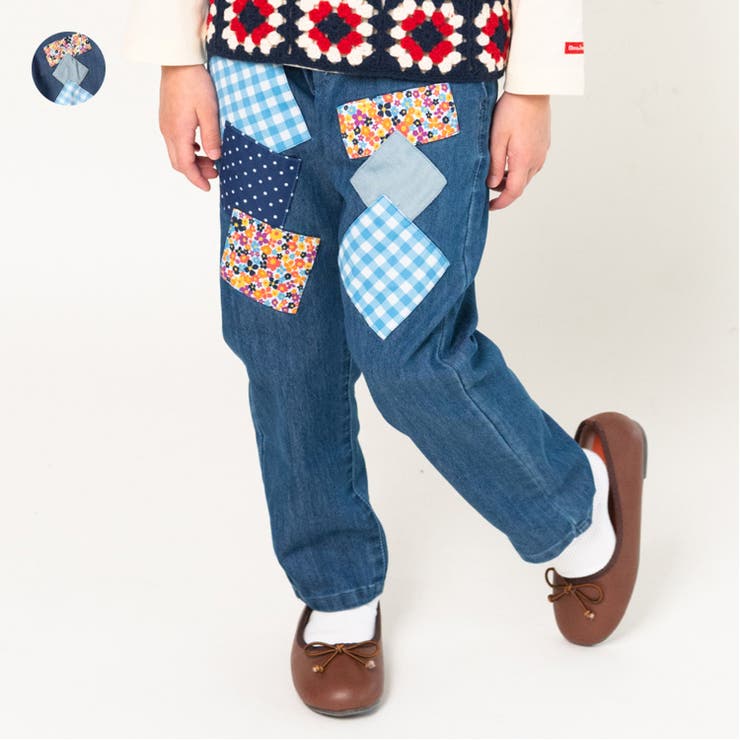 パッチワーク風ウエストフリルデニムパンツ 90cm～140cm M63000 | こどもの森e-shop | 詳細画像1 
