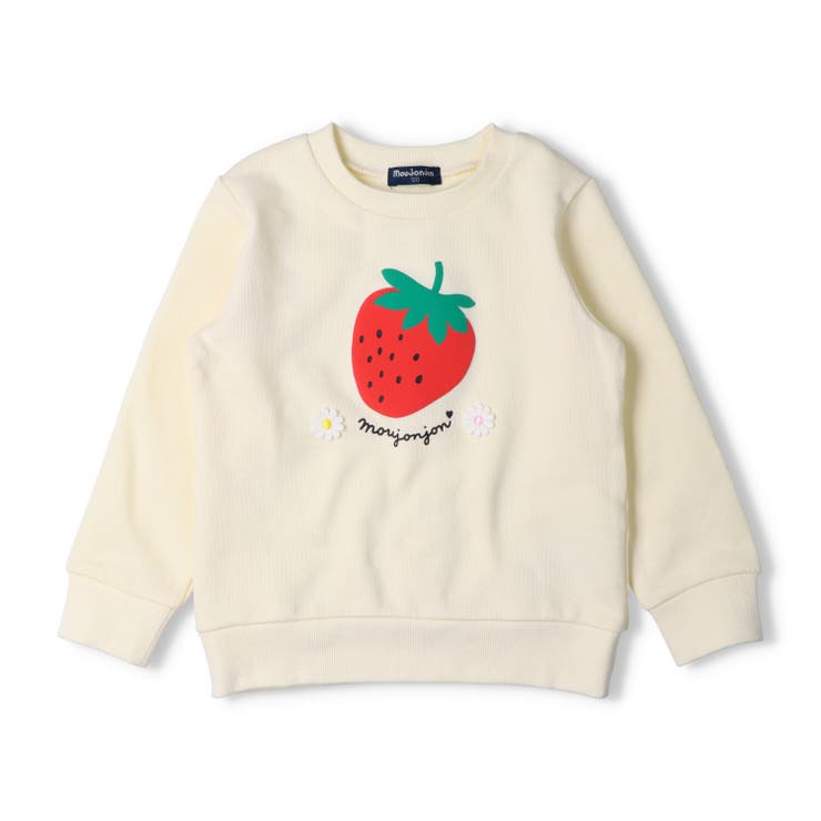 ホワイト | お花モチーフ付イチゴプリント裏毛トレーナー | こどもの森e-shop