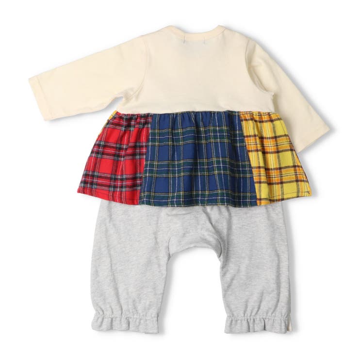 子供服moujonjon(ムージョンジョン)チェック切替長袖ロンパース・Tオール70cm，80cmM6470