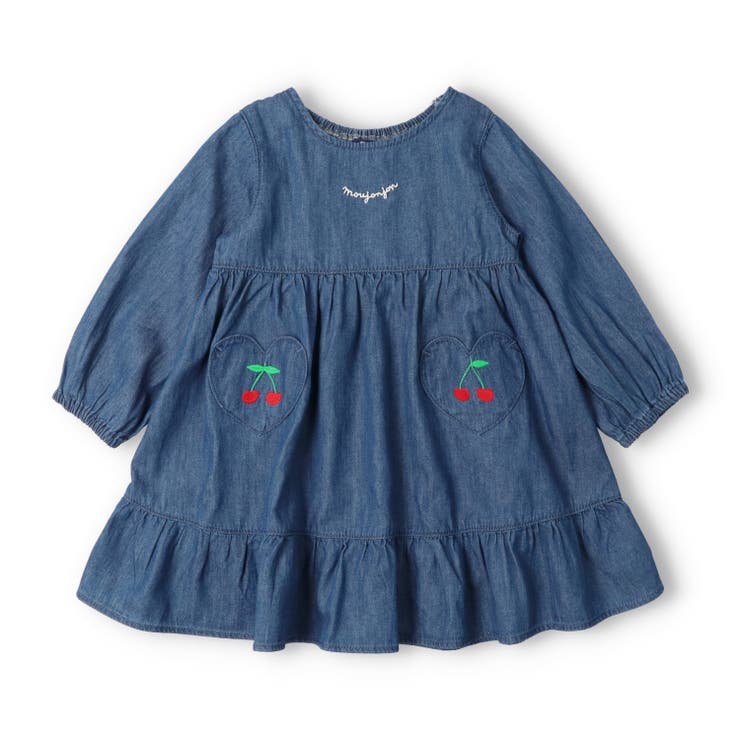 ブルー | さくらんぼ刺繍デニム長袖ワンピース | こどもの森e-shop