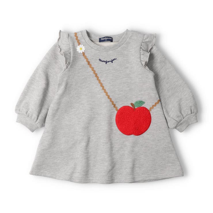 グレー | りんごポシェットアップリケ裏毛長袖ワンピース | こどもの森e-shop