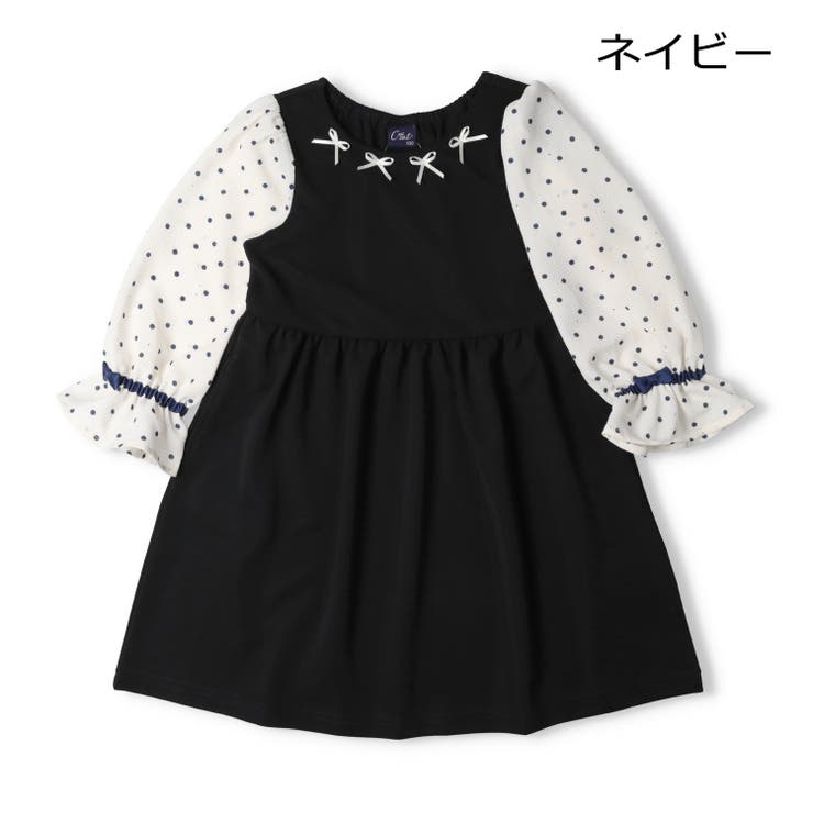 子供服crescent(クレセント)パール・リボン付き袖シフォン長袖ワンピース80cm～130cmN2438