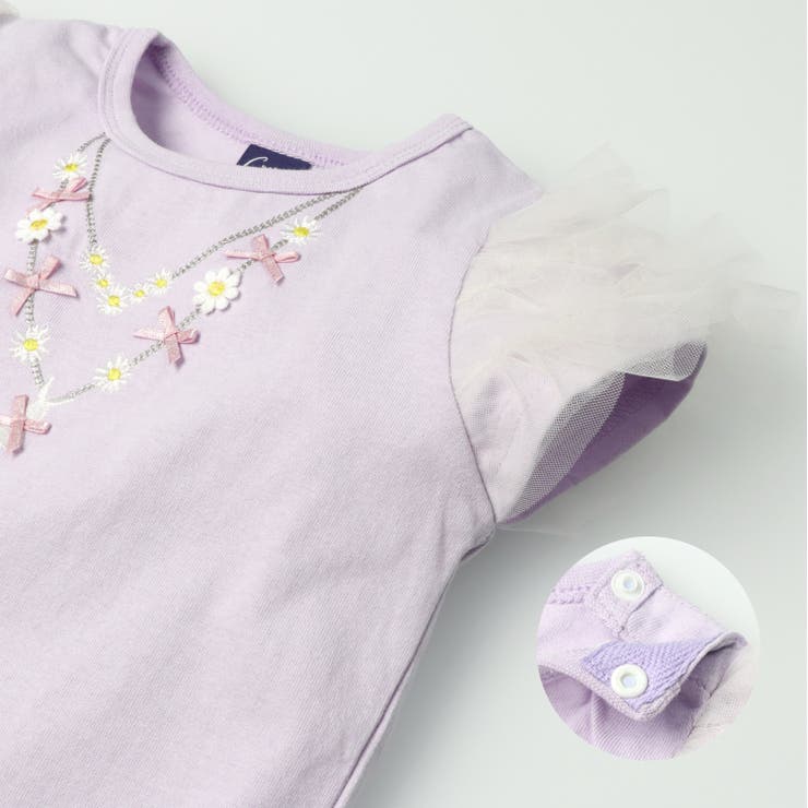 子供服crescent(クレセント)うさぎアップリケ・ネックレス風刺繍袖チュールＴシャツ80cm～130cmN4489