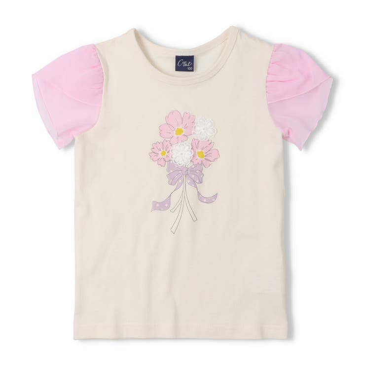 オフホワイト | お花モチーフ袖シフォンＴシャツ | こどもの森e-shop