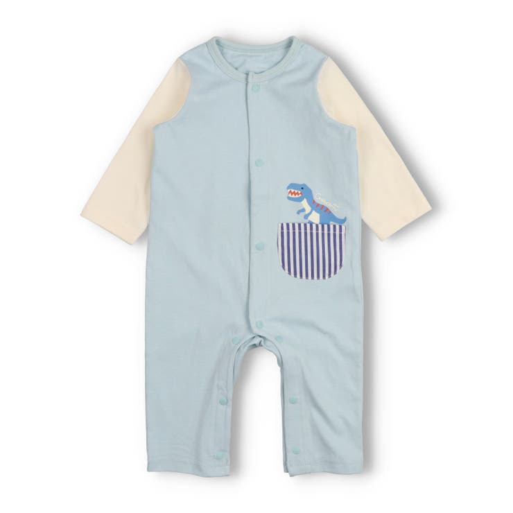 エメラルドグリーン | 恐竜プリント長袖ロンパース | こどもの森e-shop