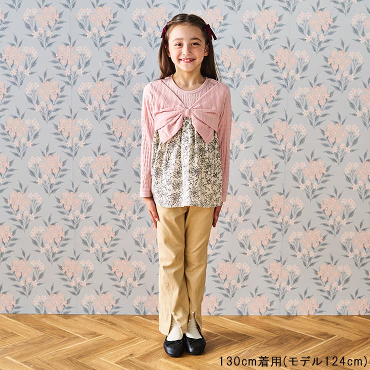 【子供服】crescent(クレセント)リボン付チェック・花柄切替長袖Tシャツ・ロンT80cm～140cmN62802