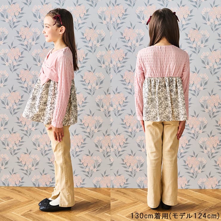 【子供服】crescent(クレセント)リボン付チェック・花柄切替長袖Tシャツ・ロンT80cm～140cmN62802