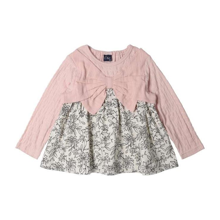 【子供服】crescent(クレセント)リボン付チェック・花柄切替長袖Tシャツ・ロンT80cm～140cmN62802