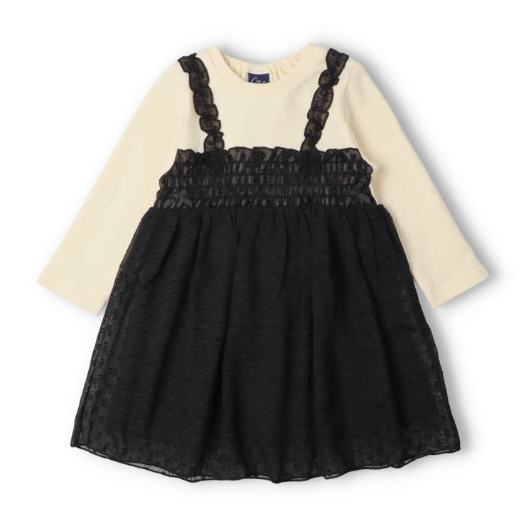 スミブラック | 水玉柄シフォン切替長袖ワンピース | こどもの森e-shop