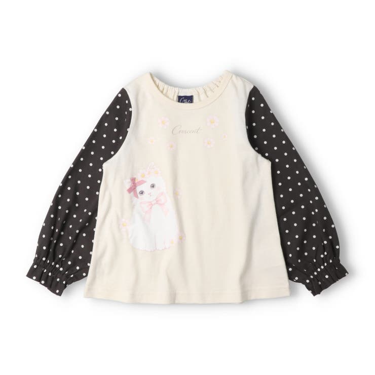 オフホワイト | ねこ・うさぎプリントドット袖Ｔシャツ | こどもの森e-shop