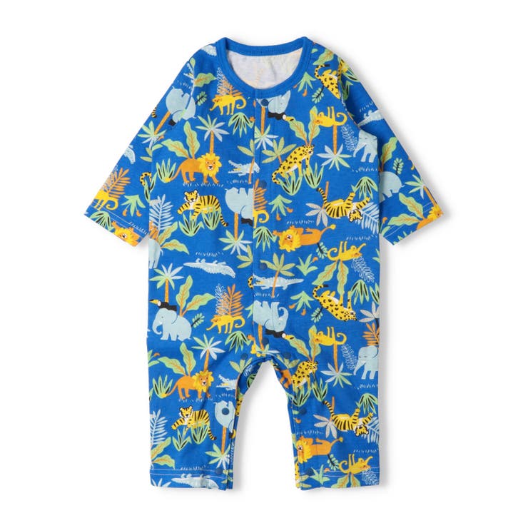 ブルー | 動物総柄長袖ロンパース | こどもの森e-shop