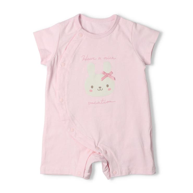 ピンク | ねこ・うさぎプリント半袖ロンパース | こどもの森e-shop