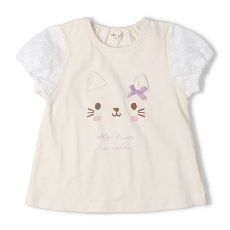 オフホワイト | ねこ・うさぎデザイン袖レース半袖Ｔシャツ | こどもの森e-shop