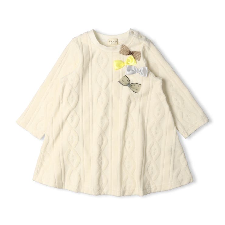 オフホワイト | リボン付ベロアジャガード長袖ワンピース | こどもの森e-shop