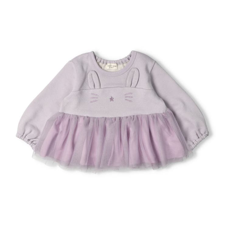 ラベンダー | ねこ・うさぎデザイン裾チュール裏毛トレーナー | こどもの森e-shop