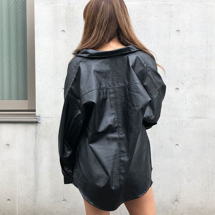  黒 レザーシャツ Lサイズ フェイクレザーシャツオーバーサイズシャツ[品番：MJNW0000641