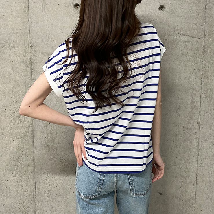フレンチスリーブボーダーTシャツ ボーダーフレンチスリーブワイドTシャツ【M】【L】レディース トップス