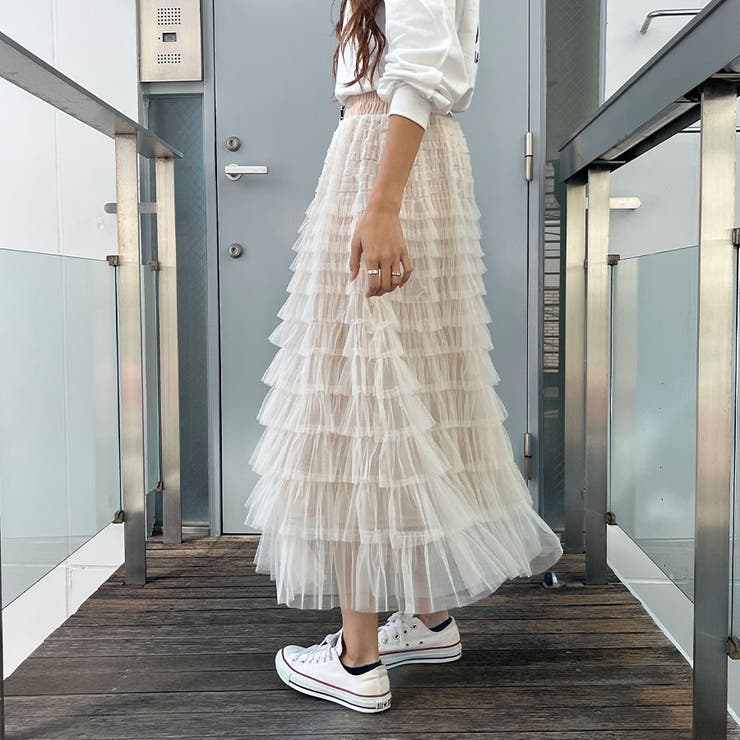 チュールティアードボリュームロングスカート[品番：MJNW0002655  