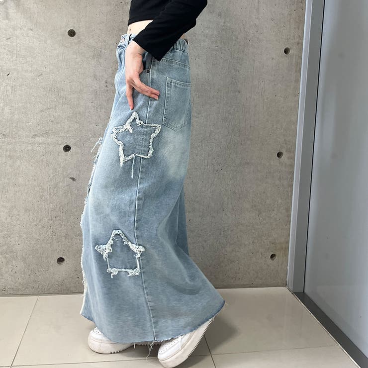 星フリンジパッチワークリメイクデニムスカート[品番：MJNW0002905