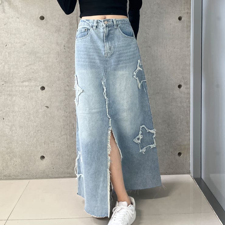 星フリンジパッチワークリメイクデニムスカート[品番：MJNW0002905