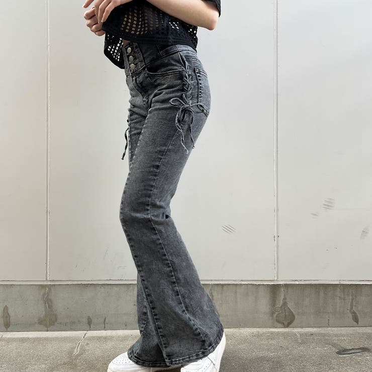 脇レースアップハイウエストデニムフレアパンツ[品番