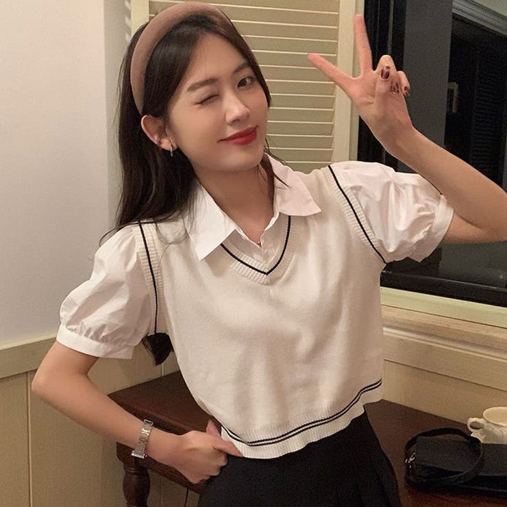 レイヤード風半袖シャツトップス[品番：MJNW0002647]｜me Jane（ミー