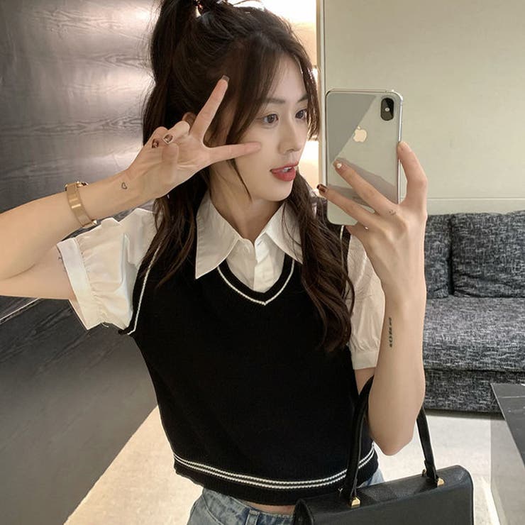 レイヤード風半袖シャツトップス[品番：MJNW0002647]｜me Jane（ミー