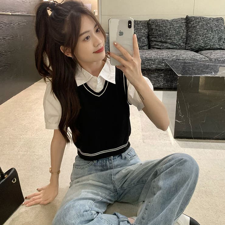 レイヤード風半袖シャツトップス[品番：MJNW0002647]｜me Jane（ミー